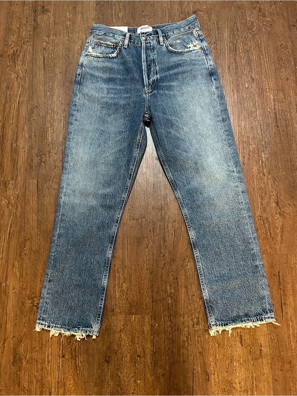 AGOLDE Riley Crop High Rise Straight Jeans 26 Frequency Distressed Raw Hem